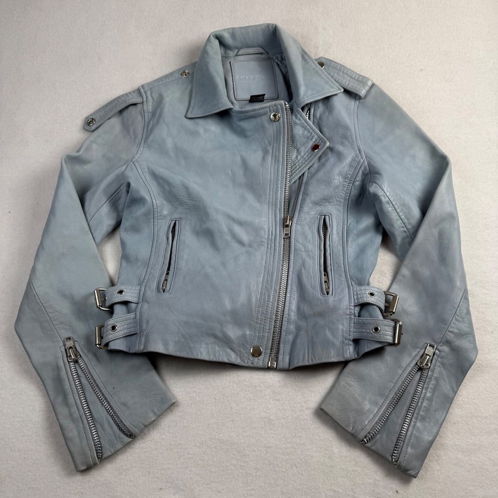 Amaryllis Womens Light Blue Genuine Leather Moto Biker Jacket Size XS Epaulettes